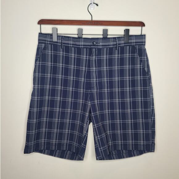 Greg Norman for Tasso Elba blue plaid flat front golf shorts - 38 - Picture 1 of 3